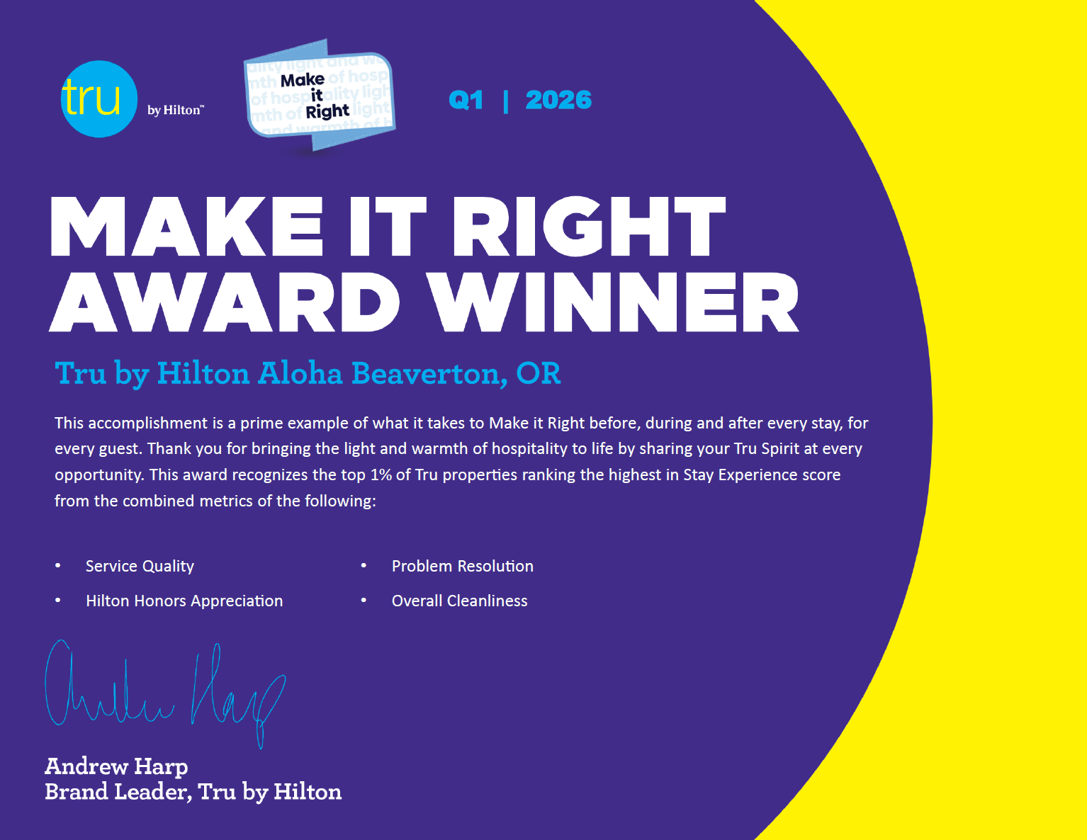 Tru by Hilton 'Make it Right' Award Winner — Tru by Hilton Aloha Beaverton, OR, Q1 2026